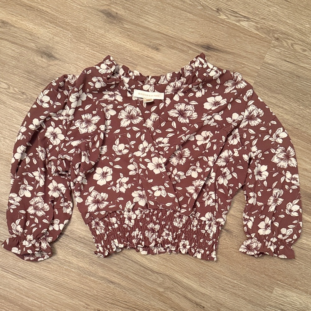 Chic Floral Wrap Blouse in Maroon